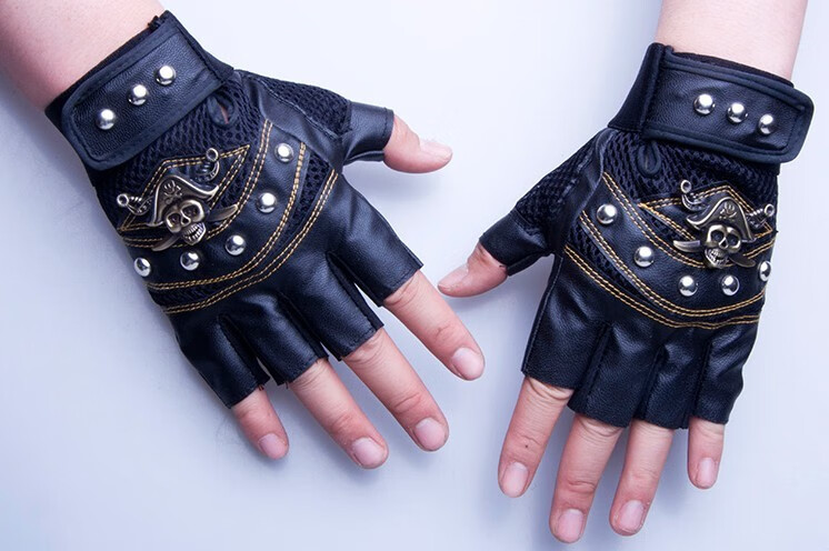 运动男士春夏登山骑行透气防滑帅气海盗骷髅头个性半指皮手套 豹沙色