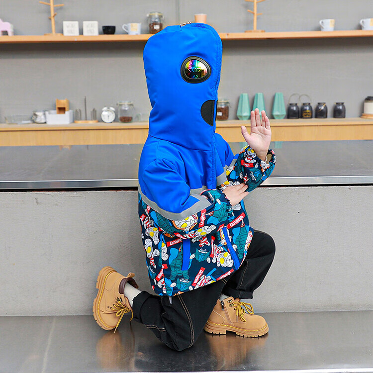 奥特曼男童连帽外套秋冬款新款儿童冬季中长款眼镜反光棉袄中小童加绒