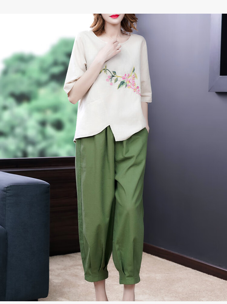 ubnb国际高档品牌进口品质中老年素素棉麻女装夏装两件套套装印花复古