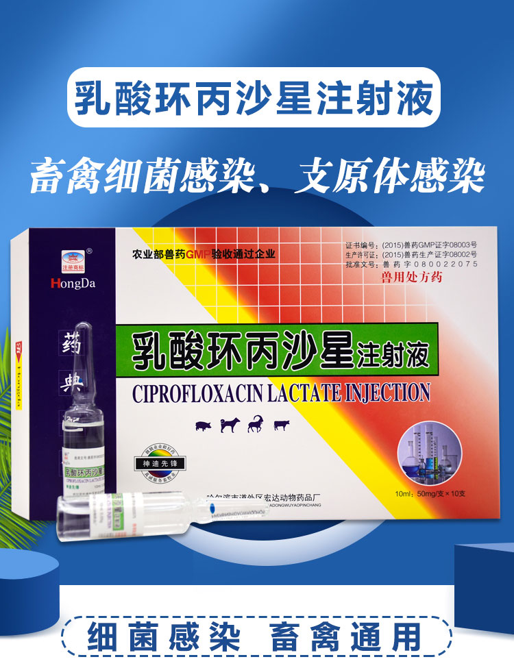 兽药兽用乳酸环丙沙星注射用液仔猪黄白痢猪牛羊拉稀腹泻一针止痢