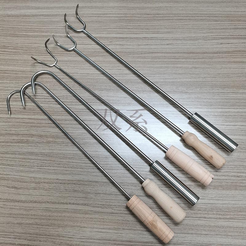 捞肉双钩扣肉钩子不锈钢木柄勾肉勾子抓肉钩烧腊猪肉卤味钩长粗勾 缝