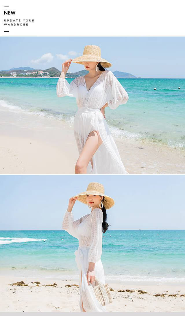 白色泳衣女温泉夏保守连体长袖长裙度假沙滩裙遮腿遮肉游泳装 白色 m