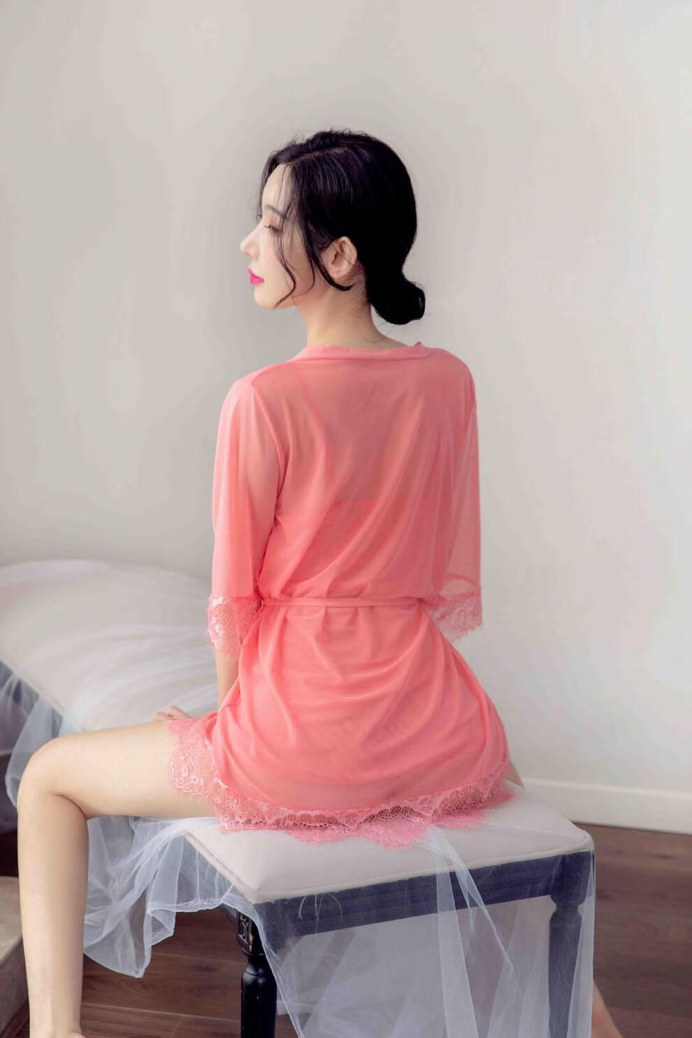 女性感蕾丝边情趣睡衣套装深v诱惑透明网纱披肩吊带裙 深紫色 l【图片