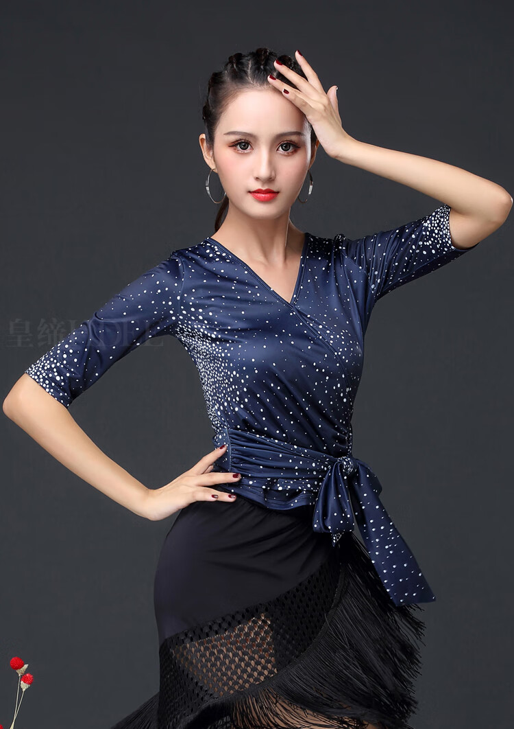 国标舞上装新款女拉丁舞上衣摩登交谊舞服装练习练功春夏新款 中袖 比