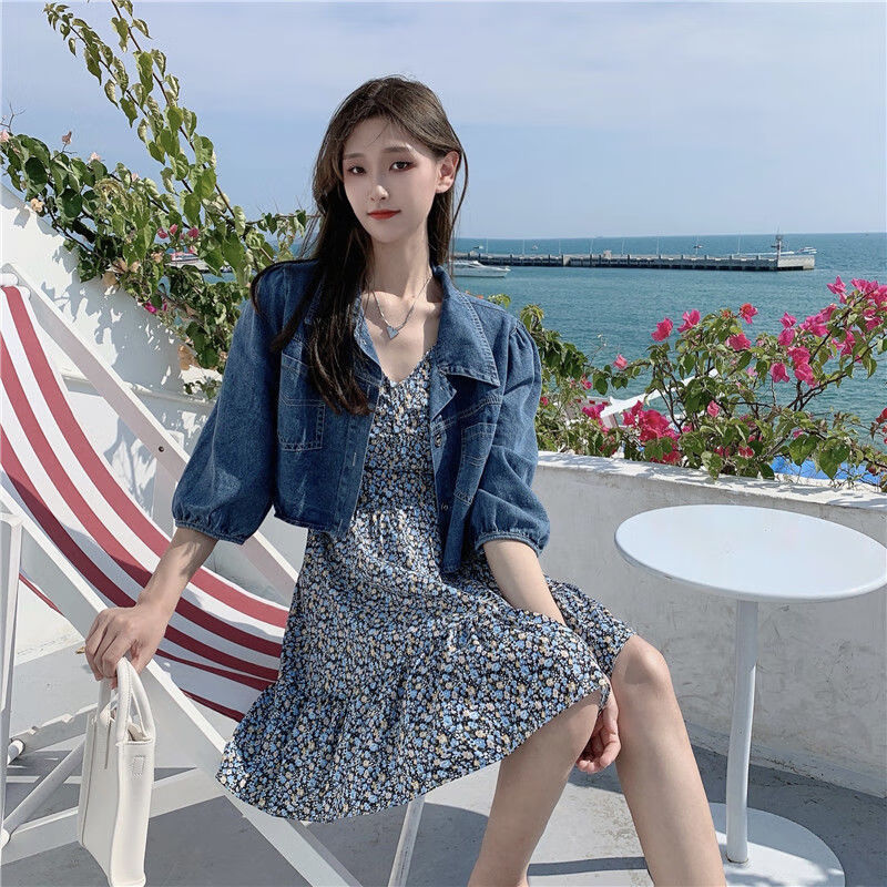 休闲套装女装春夏新款夏季时尚休闲牛仔短装外套配吊带碎花裙短裙套装