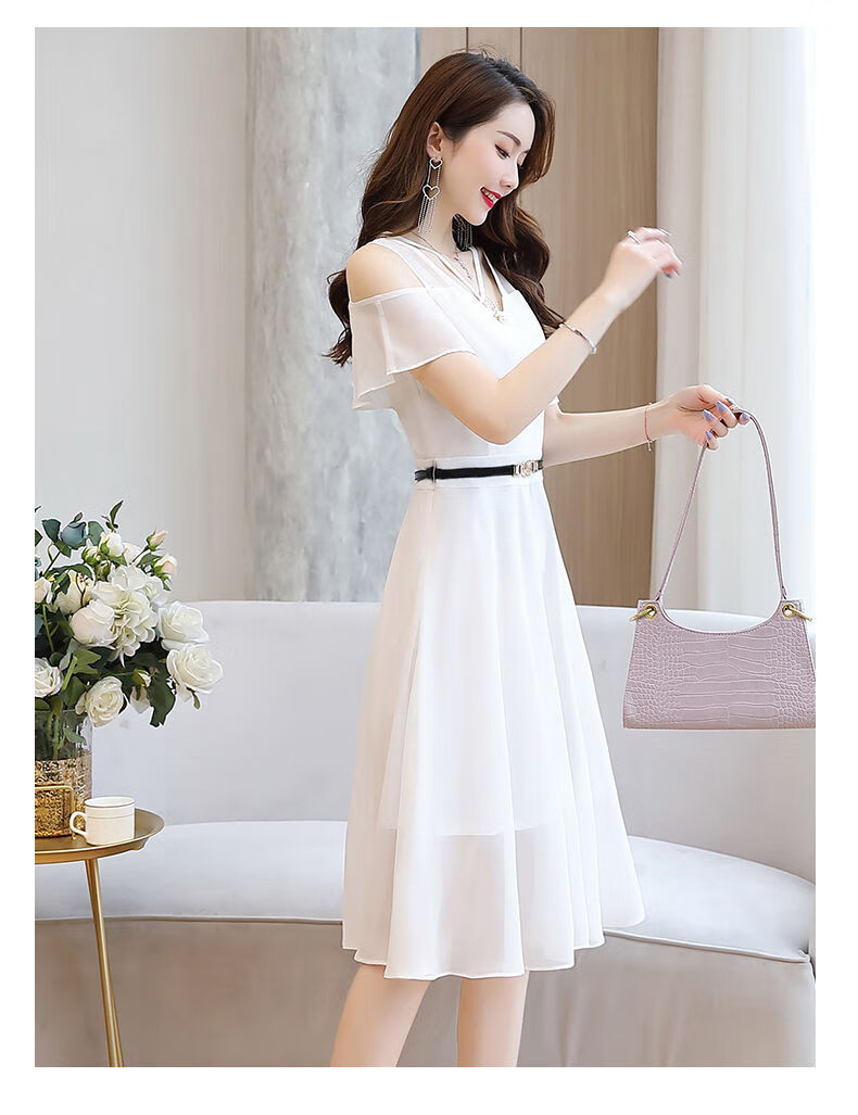 裙雪纺连衣裙女夏季2022新款韩版修身中长款收腰显瘦气质露肩仙女裙