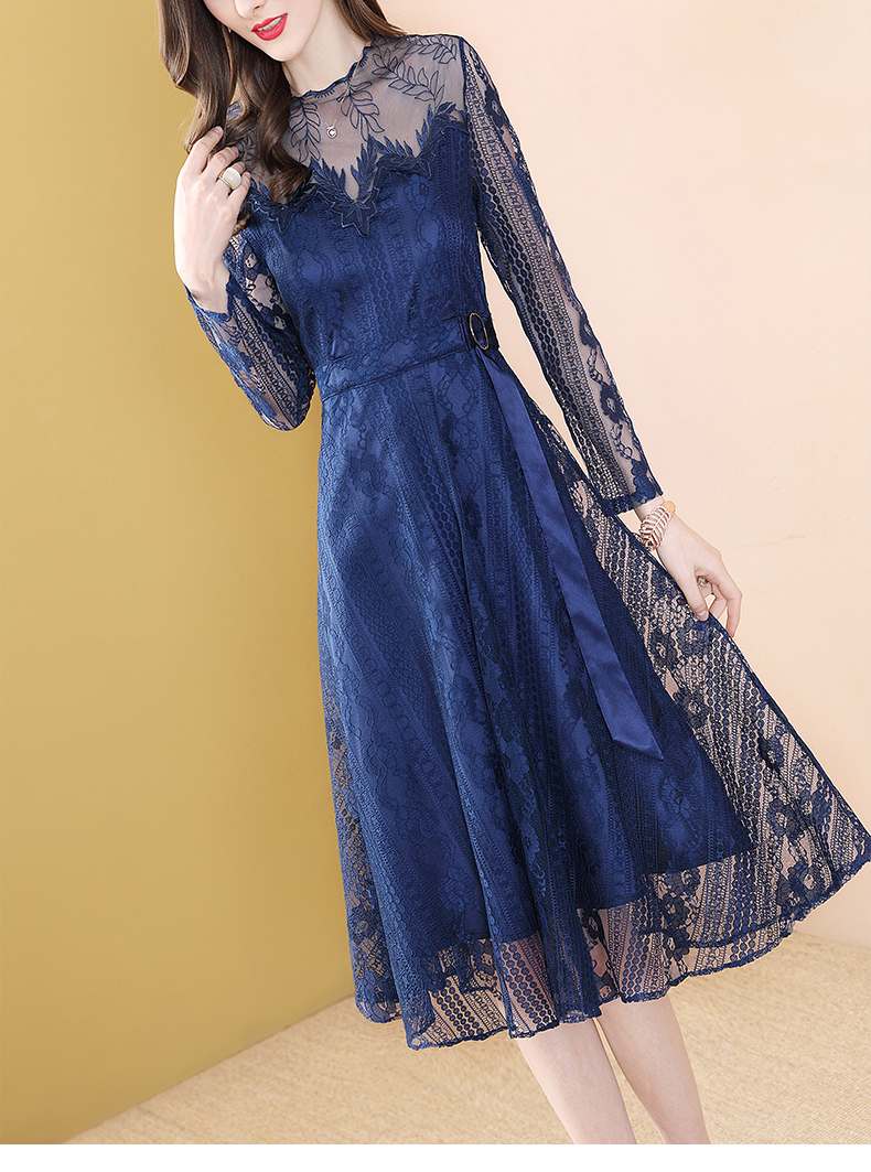 joy藏蓝色刺绣网纱蕾丝连衣裙女春季中长款2020新款显瘦51383原创定制