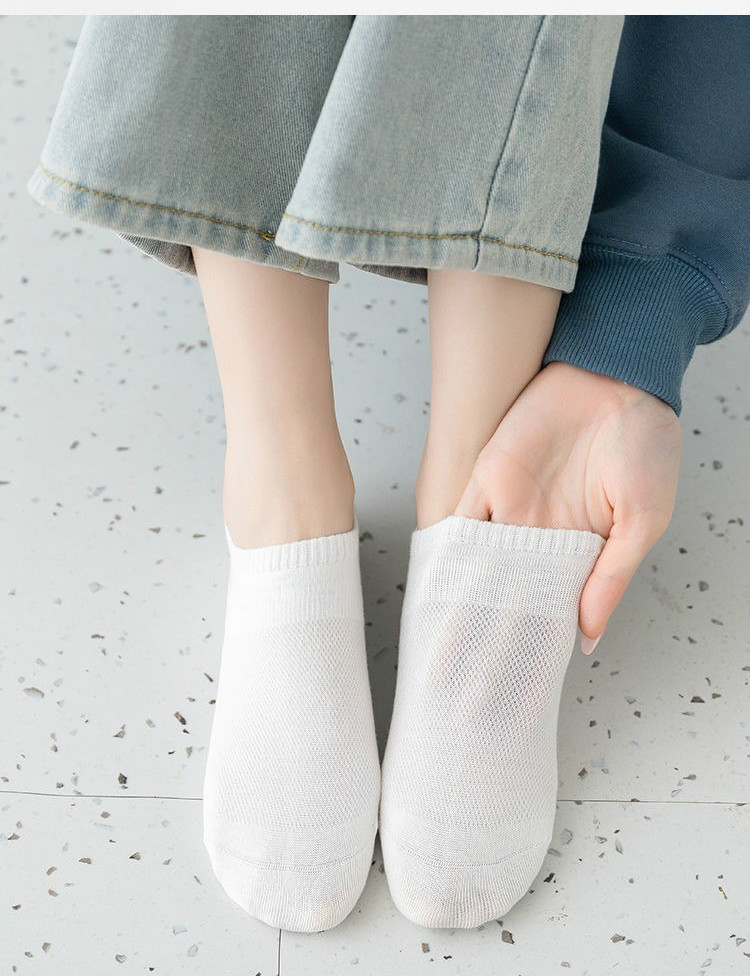 夏季薄款网眼透气船袜女士浅口袜子夏天棉袜桔红白灰色黑卡其5双装
