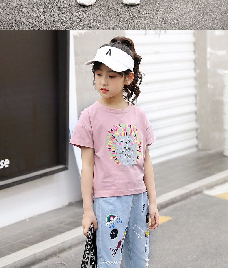 套装4-15岁中大童韩版时尚休闲运动短袖t恤牛仔破洞裤小女孩洋气衣服