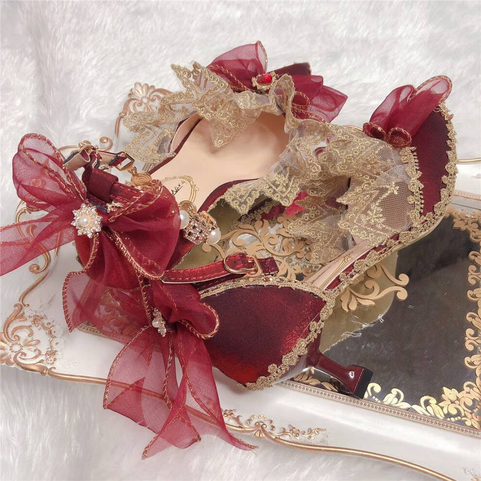 洛丽塔高跟鞋 lolita复古宫廷手作洛丽塔茶会华丽花嫁高跟鞋酒红色婚