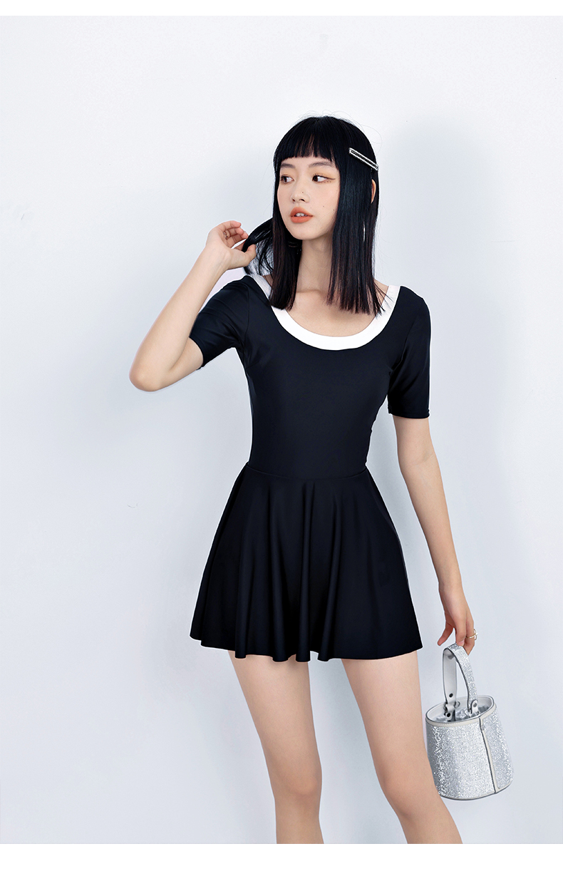 裙式温泉度假海滩沙滩游泳馆遮肚显瘦保守时尚仙气韩国ins泳装黑色s