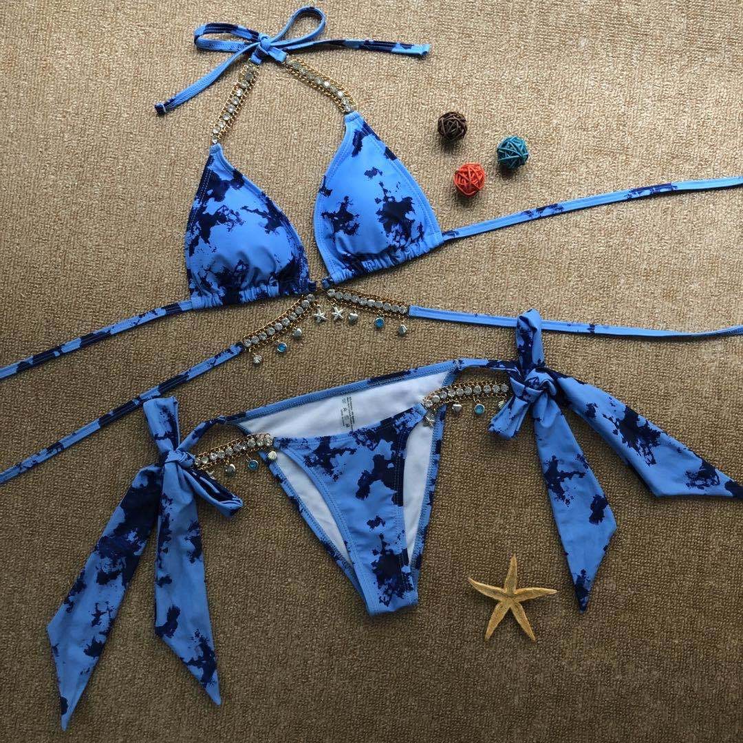 ins性感纯色水晶钻石比基尼三点式丁字绑带分体泳衣女biki sexy 蓝色