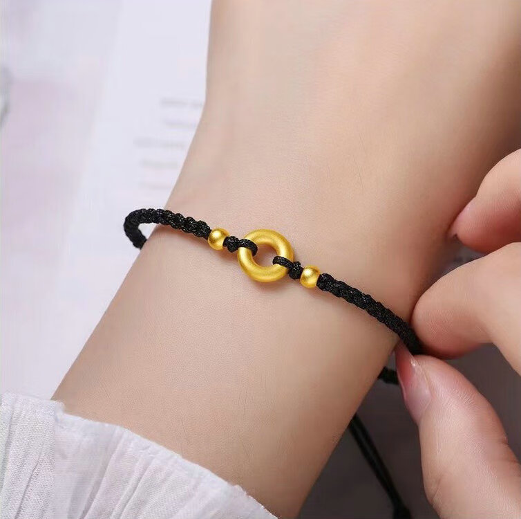 周大福星黄金平安扣手链男女足金同心圆吊坠编织手绳情侣款首饰 红绳