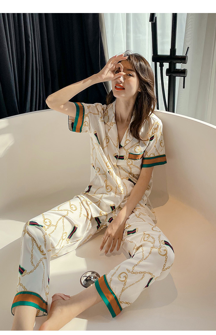 莎安拉维密睡衣女2022年夏季新款冰丝两件套短袖长裤套装可外穿家居服