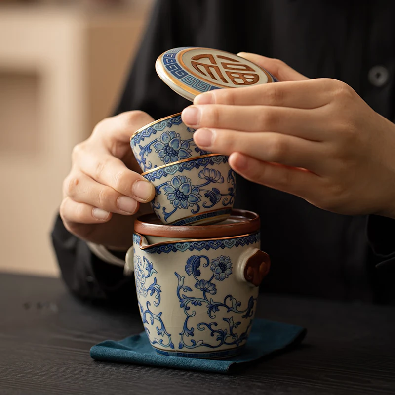 Xiyuan Ji Ru Kiln Travel Tea Set, Ceramic Portable Single Person Tea Set, One pot and Two Cups, Quick Guest Cup, Outdoor Tea Drinking Equipment, Flower and Beige Ru Kiln Tianfu Xiangyun Quick Guest Travel Set thumbnail 4
