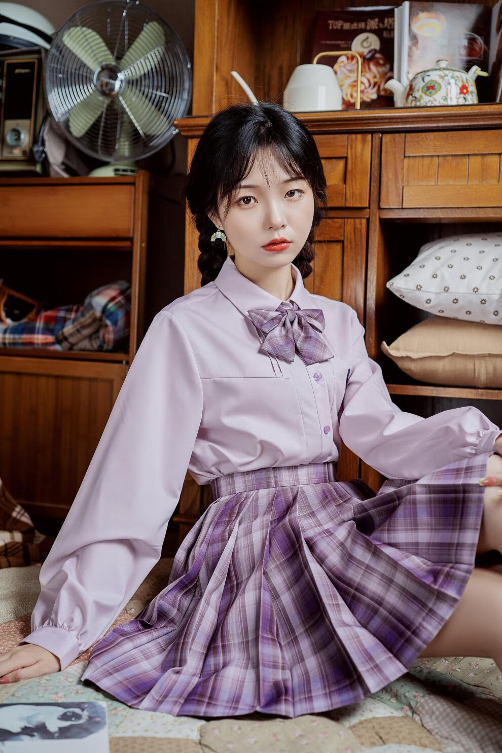 御茶家多色织带衬衫女长袖jk制服白黄蓝紫百搭基础款秋冬季白色m