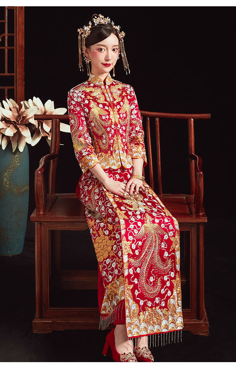 索黛妍 新款盘金绣大五福龙凤褂2022新娘婚纱中式结婚秀禾服女嫁衣
