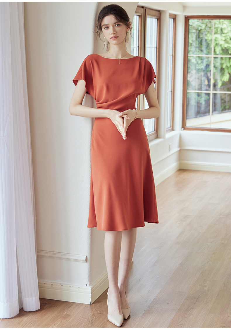 roeyshouse罗衣知性连衣裙女2022夏装新款气质蝙蝠袖褶皱大摆裙06560