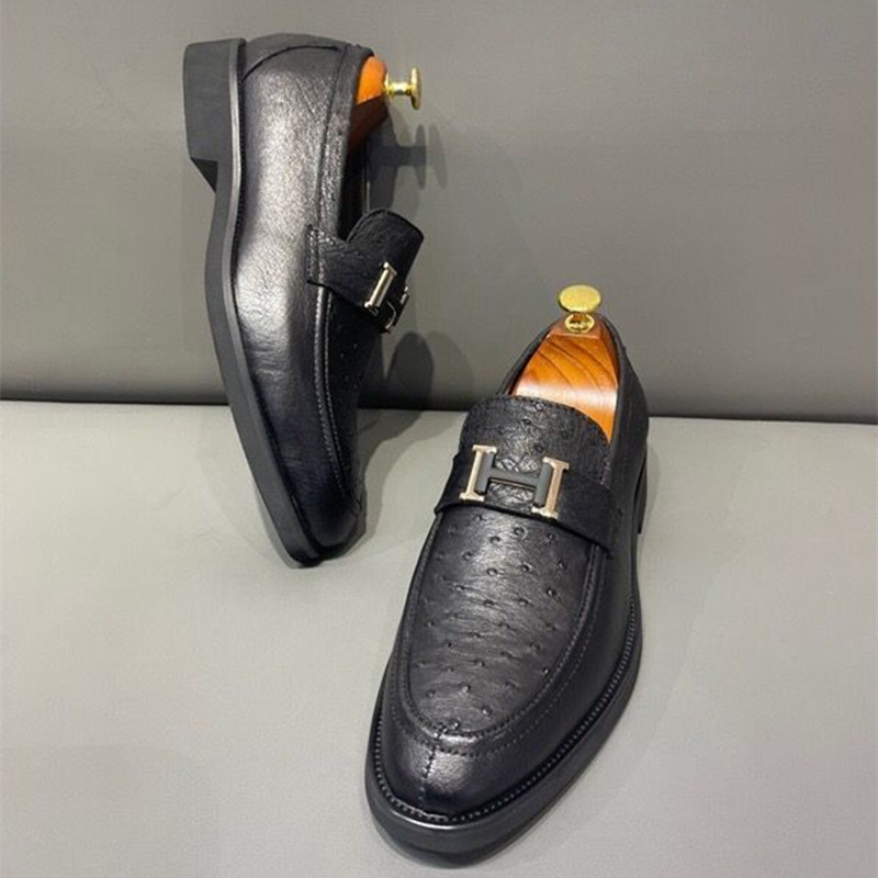 轻奢进口南非鸵鸟皮皮鞋商务休闲百搭套脚懒人鞋轻质透气真s皮男鞋