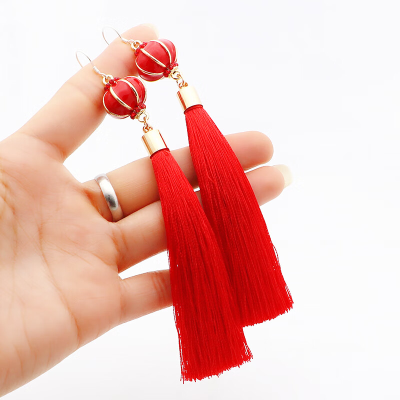过年喜庆耳环流苏中国风红色灯笼耳坠长款穗子结婚旗袍配饰银红色无