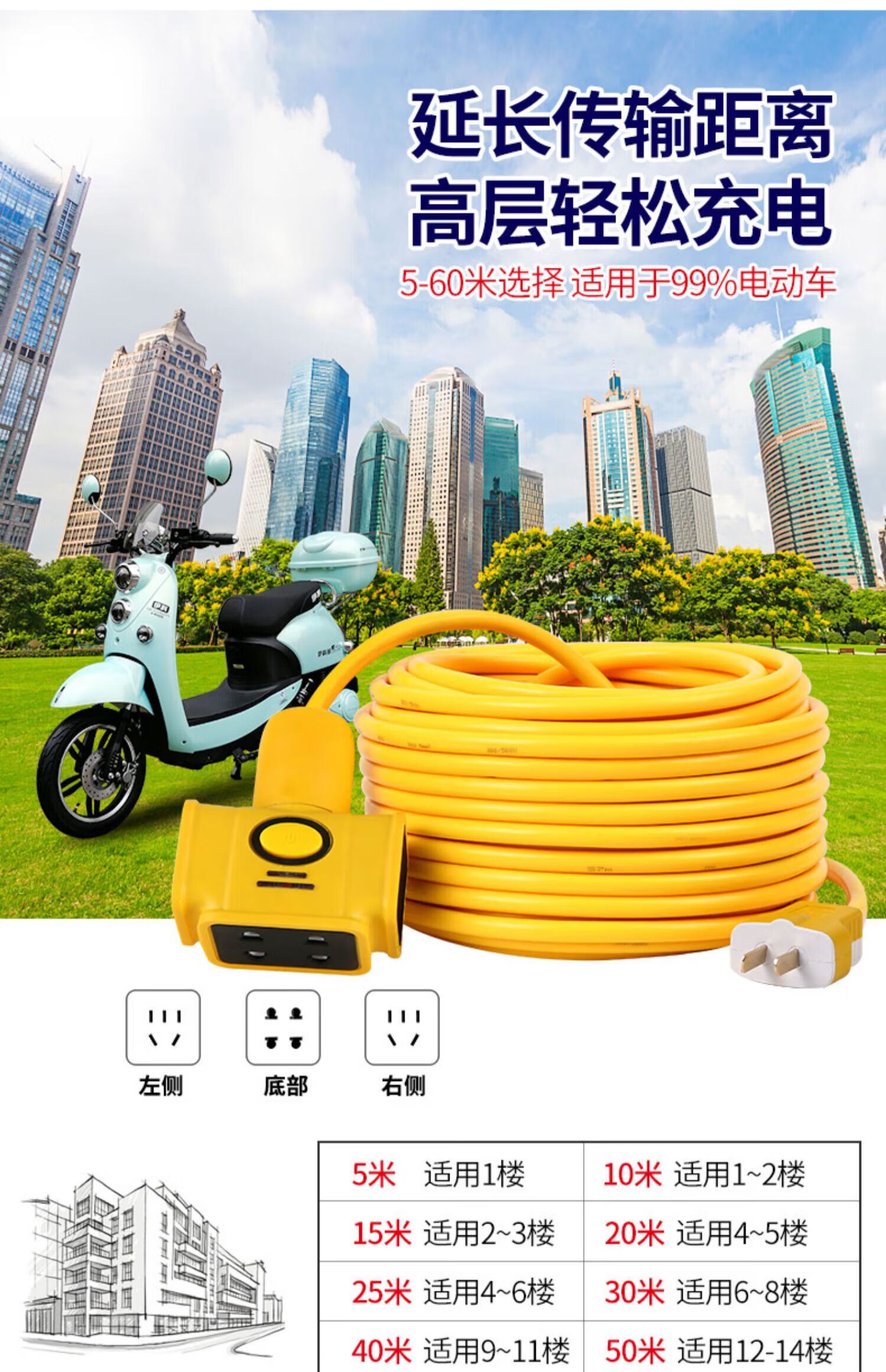 公牛(bull)插座旗舰官方店同款电动车充电延长线插排插座电源152030米