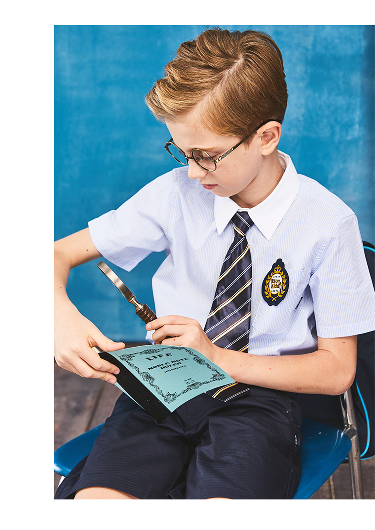 桢译伊顿纪德校服夏季小学生夏季校服男女童短袖衬衫蓝色条纹衬衣 蓝