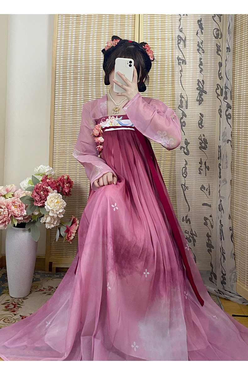 花小衣汉服女【时雨丁香结】唐制齐胸襦裙套装仙气春夏款 粉上衣 4.
