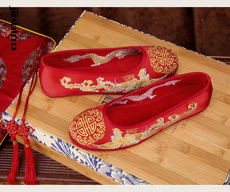 布鞋红色龙凤新娘秀禾鞋平底女结婚鞋子秀禾服绣花鞋 龙凤双喜-千层底