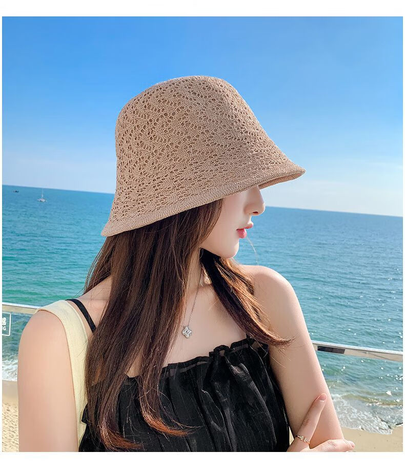 鱼夫女帽夏季夏季透气冰丝防晒遮脸渔夫帽纯手工编织双面勾花米色