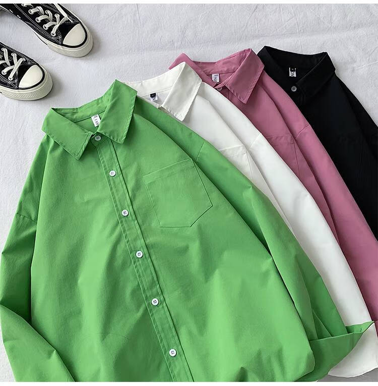 南极人糖果纯色长袖衬衫衣男加肥加大码潮胖子休闲宽松薄街头百搭男士