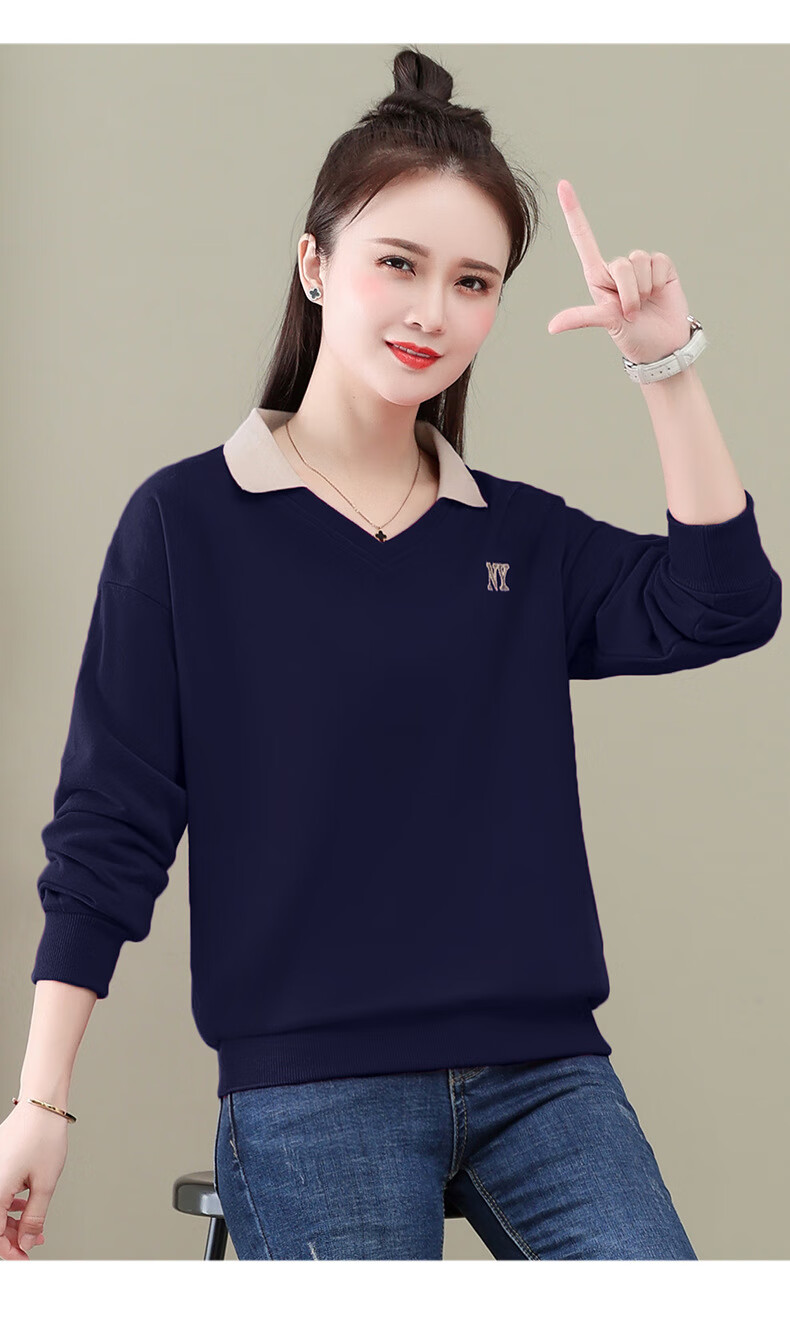 翻领卫衣女春秋薄款2022年新款宽松鸡心领时尚拼色套头上衣 宝蓝色 l