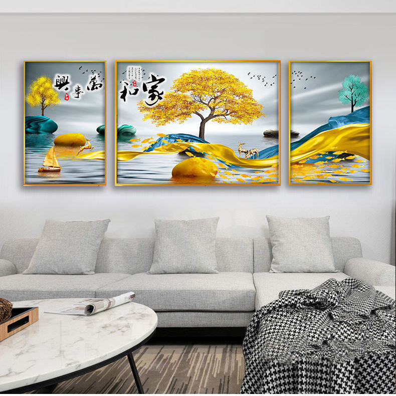 客厅装饰画新中式山水晶瓷画镶钻三联画沙发背景墙挂画现代壁画北极象