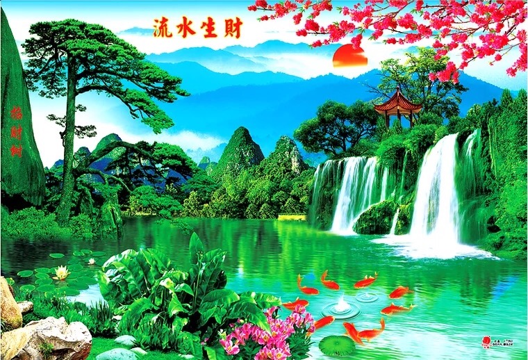 筱娥惠山水画贴纸山水图瀑布风景纸质画客厅家居装饰墙画流水生财风水