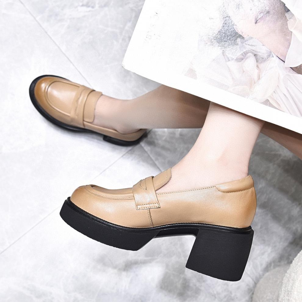 pedrocat乐福鞋女春季新款厚底套脚单鞋头层牛皮休闲女鞋防水台粗跟鞋