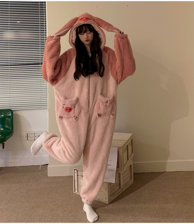 猫人miiow连体睡衣女秋加厚珊瑚绒法兰绒学生甜美可爱卡通动物连帽