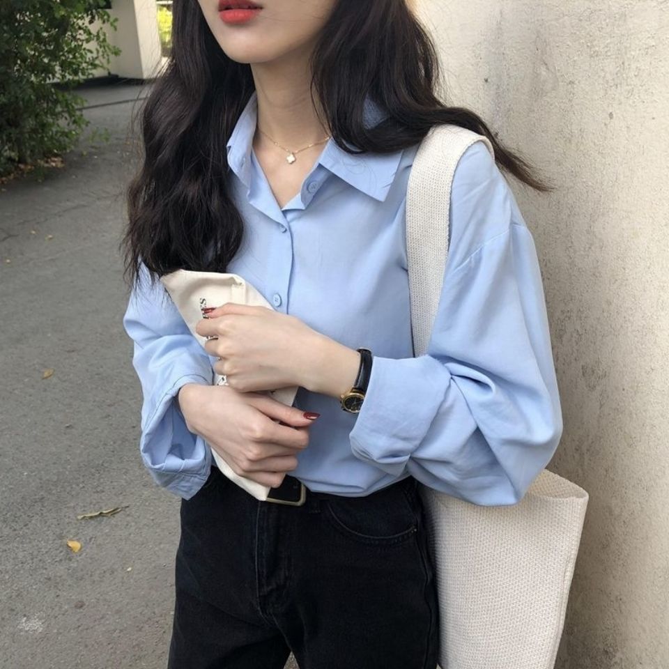 时尚纯色百搭雪纺衬衫女夏装年新款潮韩版宽松女士上衣服浅蓝色3xl