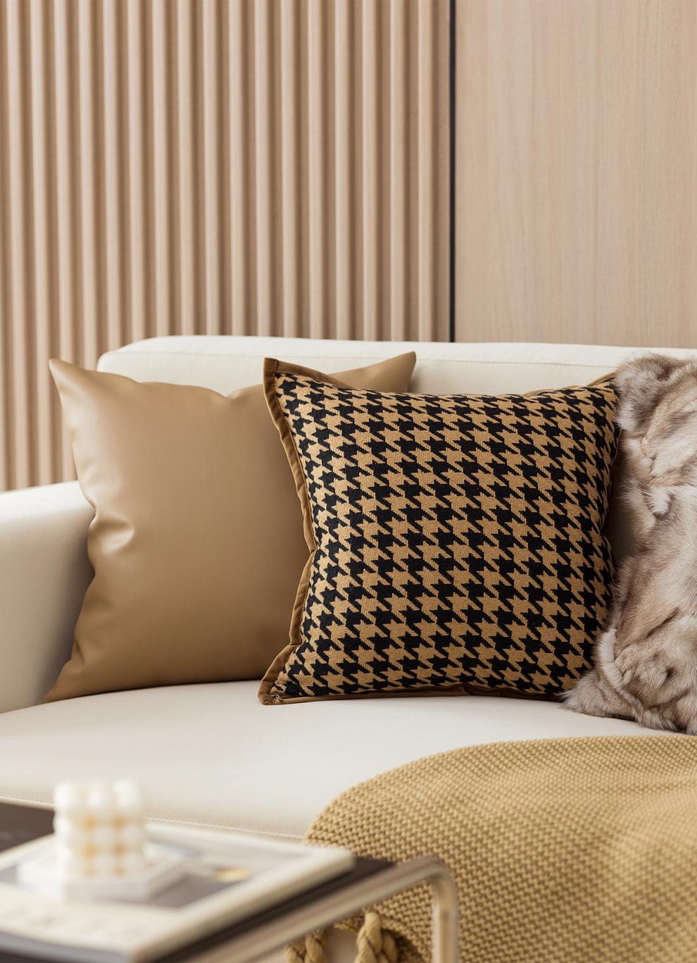 迷雾之森咖色千鸟格抱枕套棕色沙发客厅复古轻奢皮质靠枕床头靠垫
