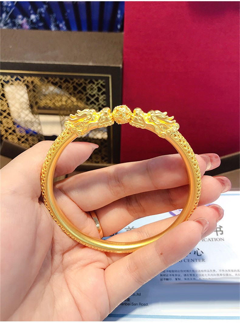 双龙戏珠手镯古法黄金镯子9999足金花丝镂空足金镯子女士新款传承古法