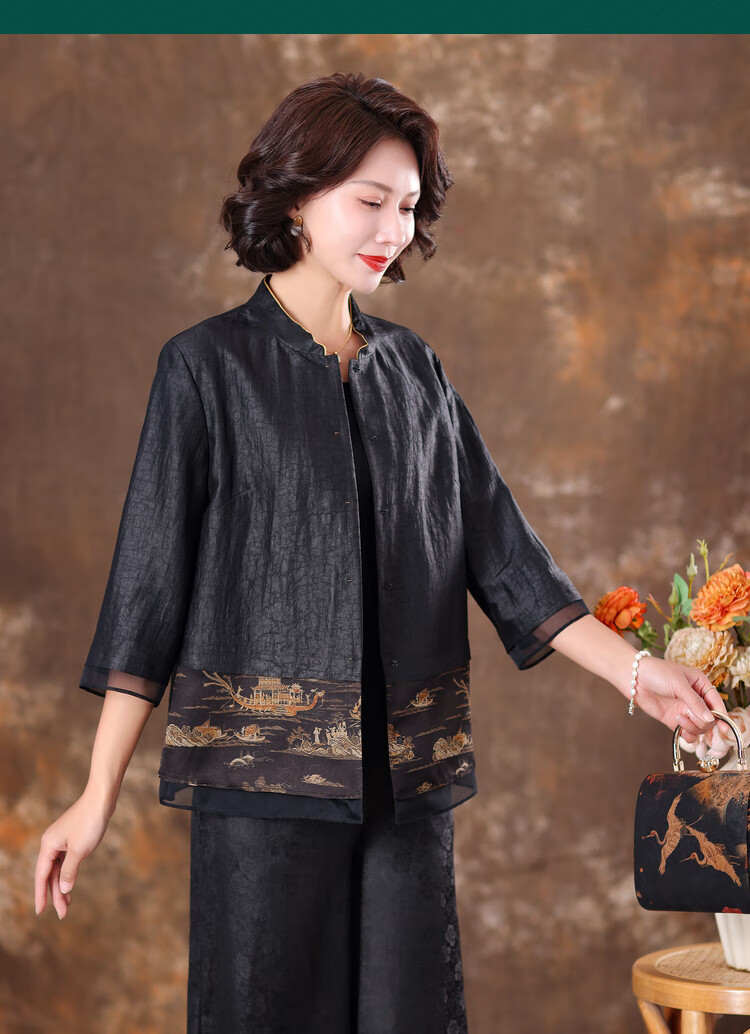齐黛黑色龟纹香云纱中式上衣女短款7分袖开衫立领气质漂亮妈妈装黑色