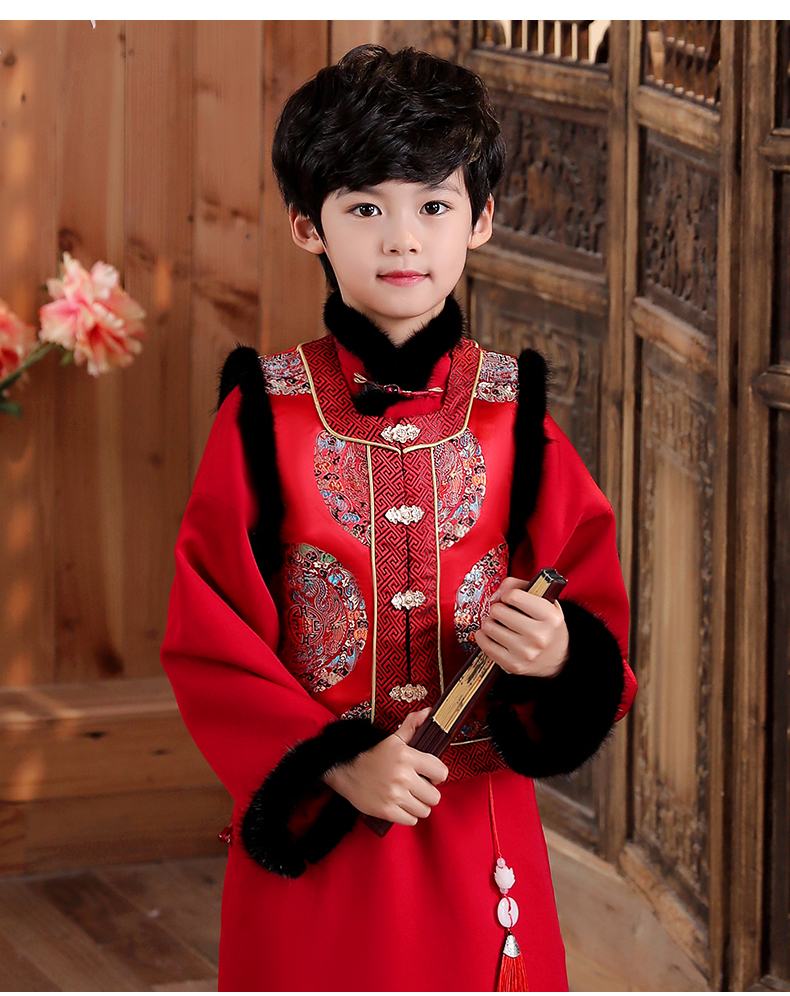 雅旗依男童拜年服中国风男宝宝童装加厚儿童唐装汉服冬装过新年古装