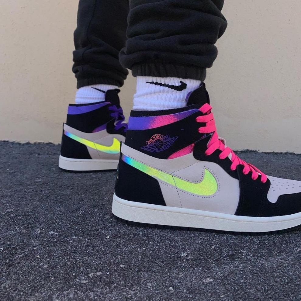 aj男女鞋大巴黎樱花粉紫高帮荧光勾男女休闲运动滑板鞋 aj1大巴黎