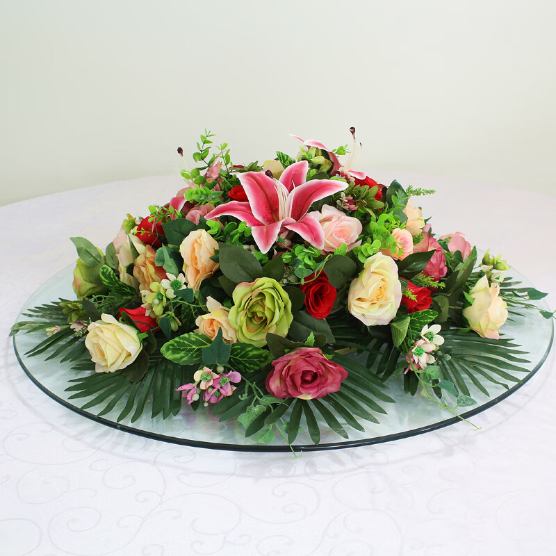 酒店餐桌花转盘花圆形餐台装饰花大圆桌中间桌面摆花台花仿真花卉
