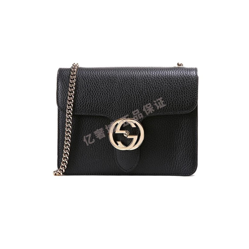 古驰女包女士邮差风琴包牛皮单肩包小方包链条包 斜挎包 黑色【图片