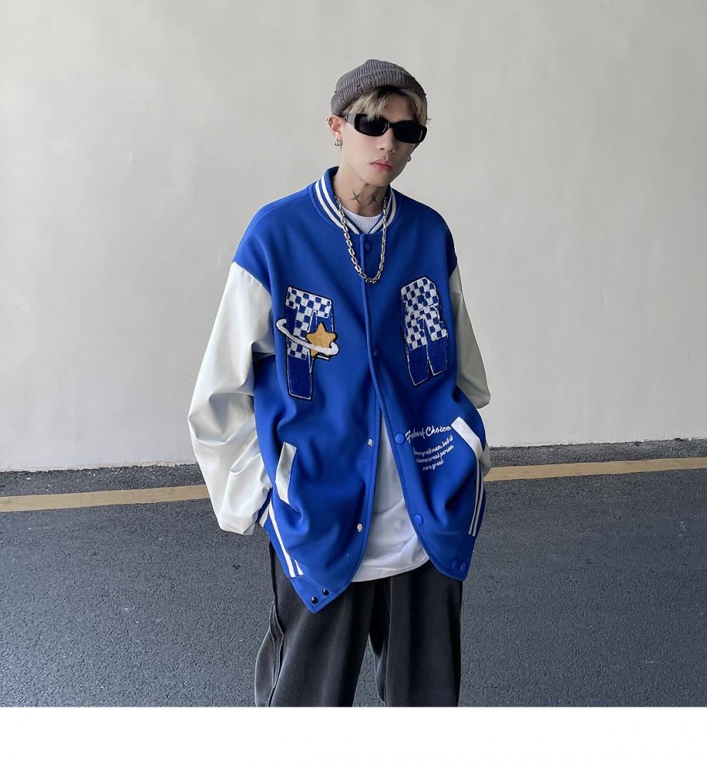 北觉棒球服男西海岸美式复古刺绣棋盘格小众嘻哈撞色春秋款克莱因蓝