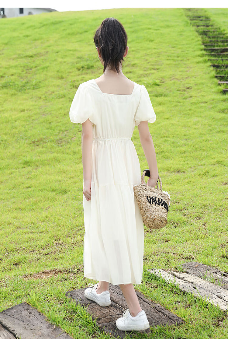 2022新款儿童夏季雪纺裙泡泡袖沙滩长裙学生女孩公主裙白色长裙120cm