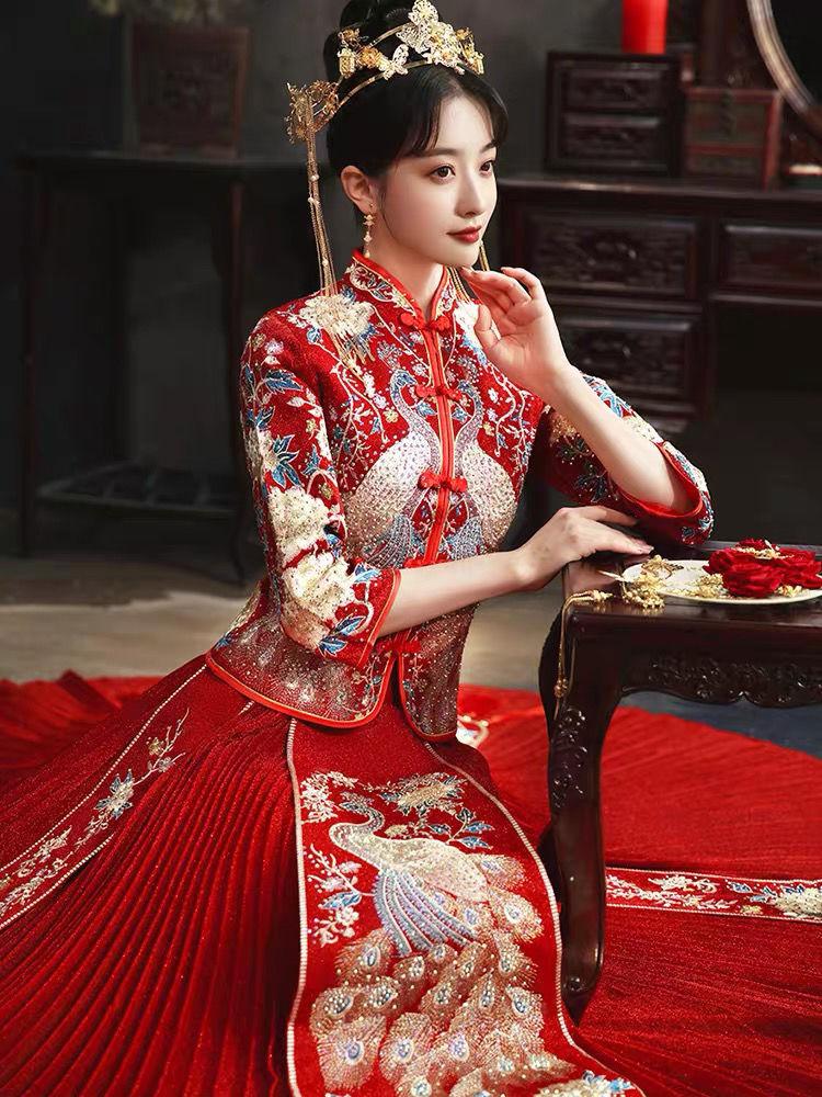 花岚娜 秀禾服秋冬大·码新娘胖m加肥显瘦中式古装敬酒服孕妇秀禾特大