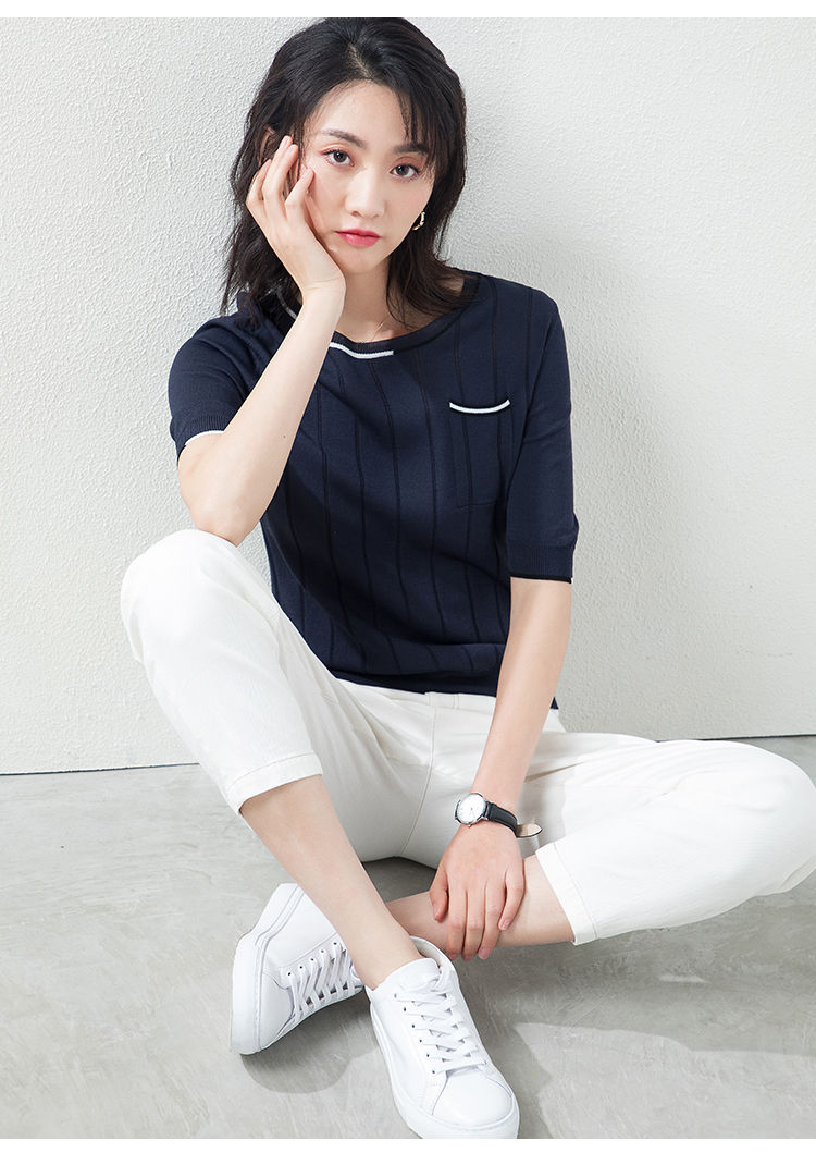 梦舒雅短袖针织衫女毛衣2020春季新款上衣舒适百搭圆领打底衫女 1