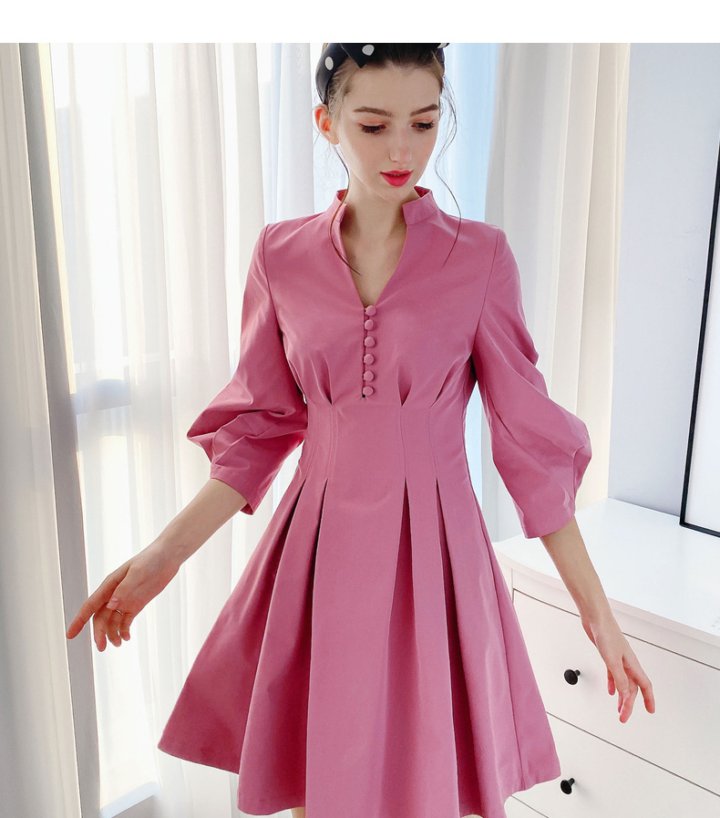 粉红大布娃娃气质连衣裙女七分袖立体灯笼袖收腰显瘦裙子玫粉色s