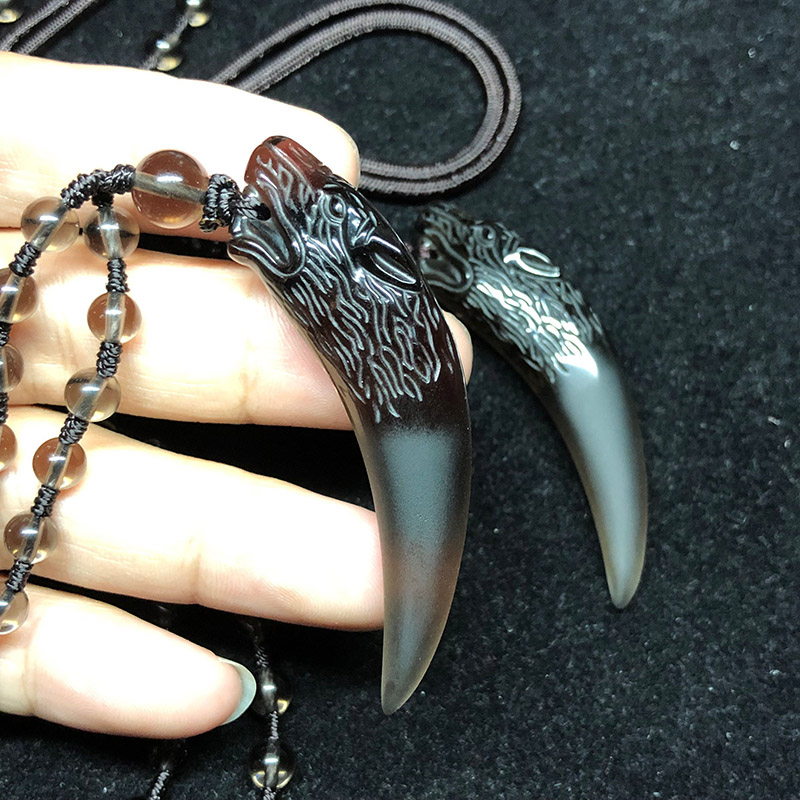 似卿冰种黑曜石狼牙吊坠男士女潮人个性牙齿情侣简约项链挂坠配棉绳