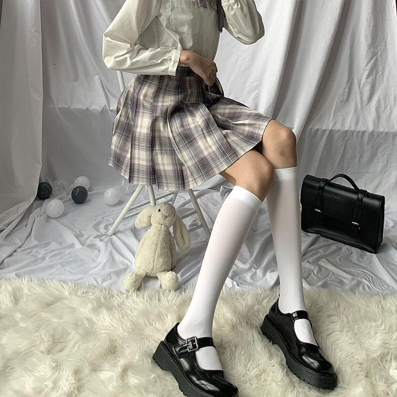 小腿袜不掉筒初中学生显瘦白丝高筒薄丝袜性感辣妹透明小腿袜白色2双